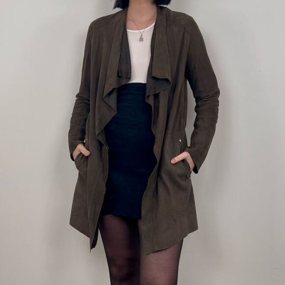 Per Se Dark Green Khaki Suede Genuine Leather Trench Jacket - Picture 1 of 8